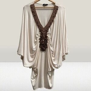 NEW Sky Beaded Embellished Dolman Sleeve Tunic Mini Dress Cream Bronze Medium